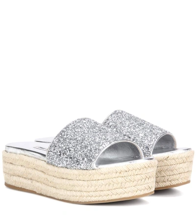 Miu Miu Glittered Leather Espadrille Platform Sandals In Silver