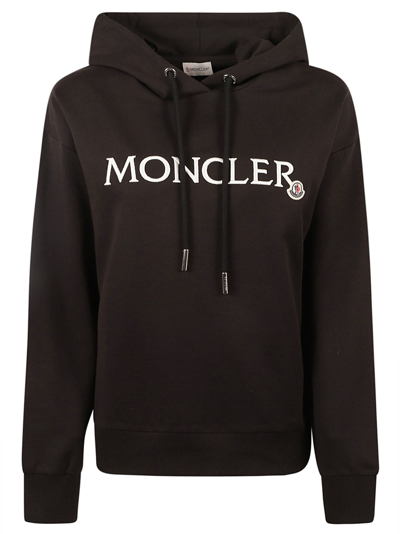 Shop Moncler Chest Logo Patch Hooded Sweatshirt In Black