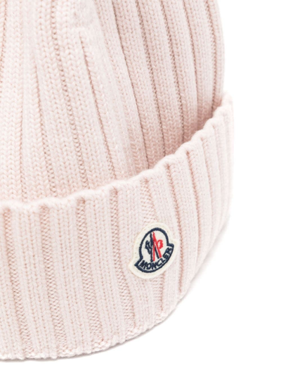 Shop Moncler Light Pink Ribbed Wool Beanie With Logo