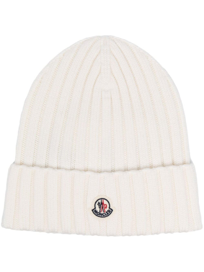 Shop Moncler White Ribbed Wool Beanie With Logo