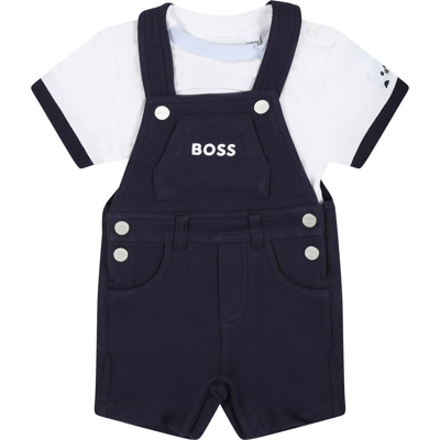 Shop Hugo Boss Blue Dungarees For Baby Boy With Logo
