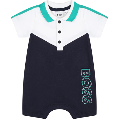 Shop Hugo Boss Blue Romper For Baby Boy With Logo