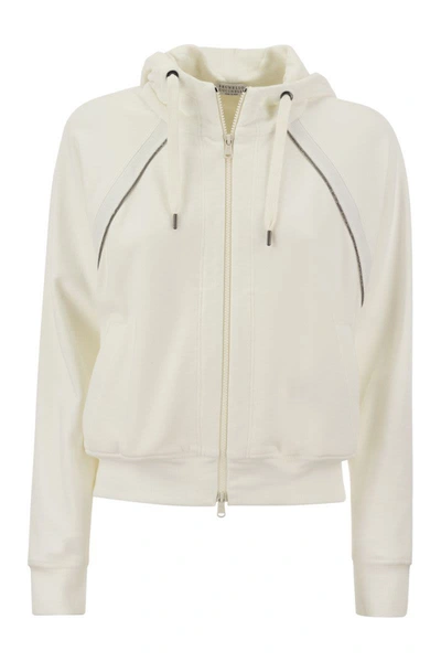 Shop Brunello Cucinelli Smooth Cotton Fleece Hooded Topwear With Shiny Piping In White