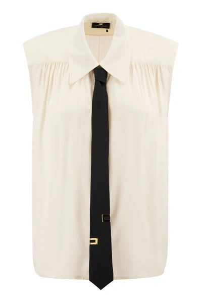 Shop Elisabetta Franchi Viscose Georgette Flared Shirt With Lettering Tie In Butter