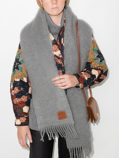 Shop Loewe Mohair And Wool Fringed Scarf In Grey