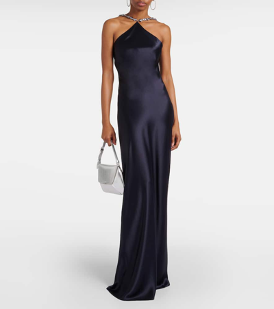 Shop Staud Cadence Halterneck Satin Slip Dress In Blue