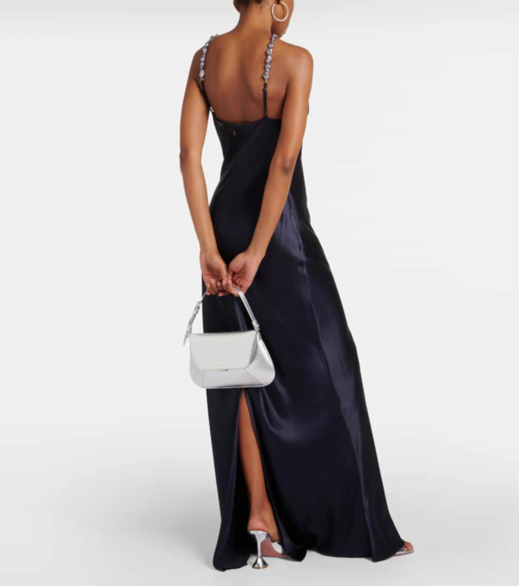 Staud Cadence Beaded Halter Satin Maxi Dress In Navy | ModeSens