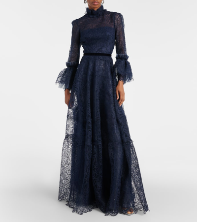 Shop Costarellos Ruched Lace Gown In Blue
