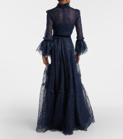 Shop Costarellos Ruched Lace Gown In Blue