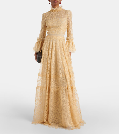 Shop Costarellos Ruched Lace Gown In Gold