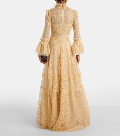 Shop Costarellos Ruched Lace Gown In Gold