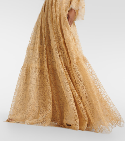 Shop Costarellos Ruched Lace Gown In Gold