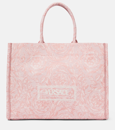Shop Versace Athena Large Barocco Canvas Tote Bag In Pale Pink- Gold