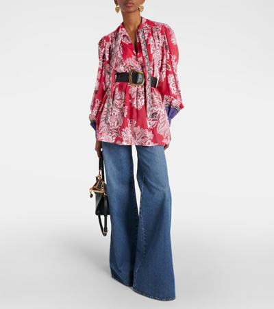 Etro Pintucked Floral-print Cotton And Silk-blend Voile Blouse In Red