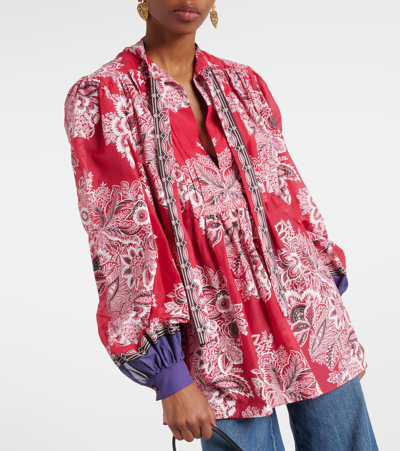 Etro Pintucked Floral-print Cotton And Silk-blend Voile Blouse In Red