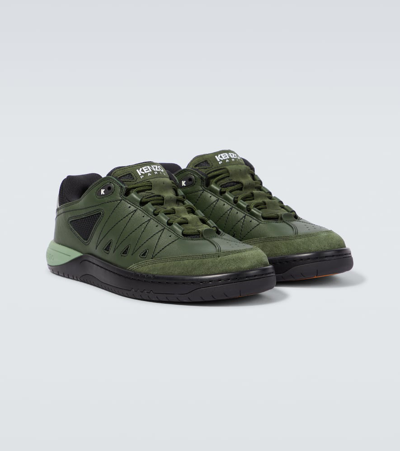 Kenzo Mesh-panelled Leather Sneakers In Dark Khaki