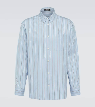 Shop Versace Striped Cotton Poplin Shirt In Pale Blue