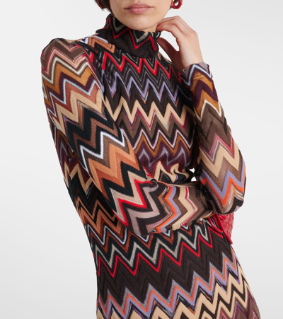 Shop Missoni Zig Zag Mockneck Wool-blend Midi Dress In Multi Brown On Black Base