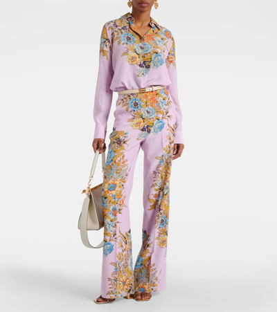 Shop Etro Floral High-rise Silk Wide-leg Pants In Pink