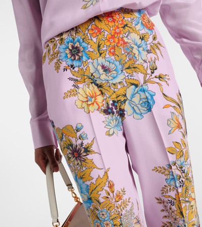 Shop Etro Floral High-rise Silk Wide-leg Pants In Pink