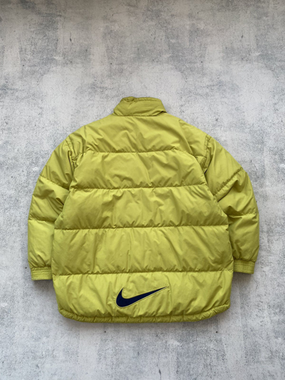 Pre-owned Nike X Vintage 90's Nike Big Embroidered Swoosh Puffer Jacket In Yellow