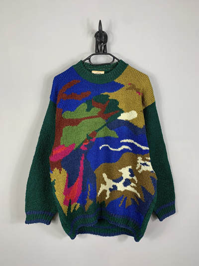 VINTAGE Pre-owned Animals Funky Knit Sweater 90's Jumper Y2k In Green Blue