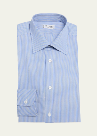 Shop Charvet Men's Cotton Micro-check Dress Shirt In Blue