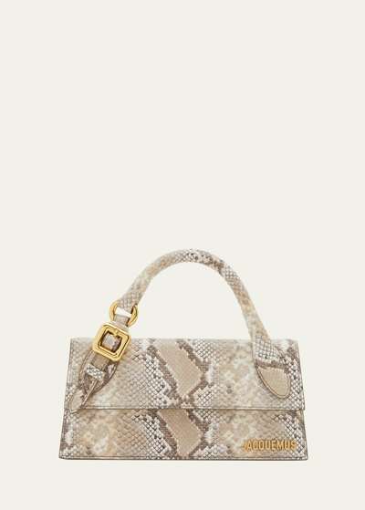 Shop Jacquemus Le Chiquito Long Snake-embossed Top-handle Bag In Beige