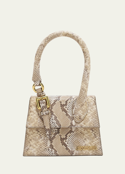 Shop Jacquemus Le Chiquito Moyen Snake-print Top-handle Bag In Beige