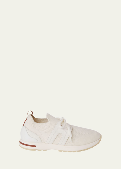 Shop Loro Piana Knit Leather Lace-up Runner Sneakers In 1000 White
