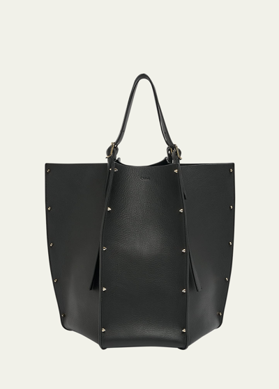 Shop Chloé Carmela Spike Studded Tote Bag In Grained Calfskin In 001 Black