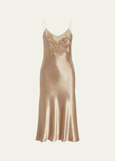 Shop Ralph Lauren Rebekka Hammered Satin Midi Dress With Beading In Fawn