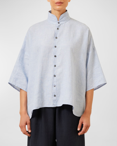 Shop Eskandar Gingham Wide A-line Double Stand Collar Shirt (mid Length) In Sky Blue