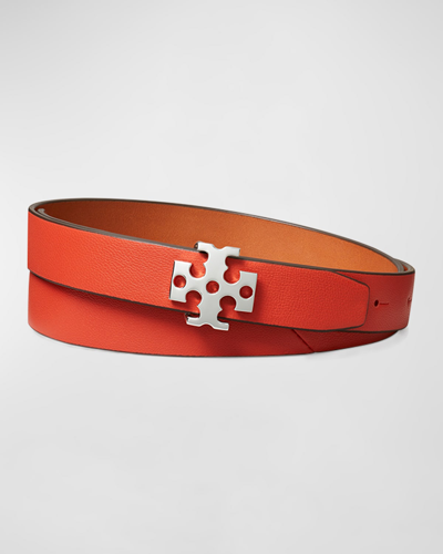 Shop Tory Burch Logo Leather Belt In Poppy Red
