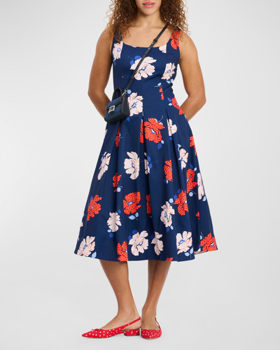 Shop Kate Spade Dotty Pleated Floral-print Midi Dress In French Navy