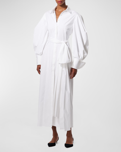 Shop Carolina Herrera Puff-sleeve Belted Column Midi Shirtdress In White