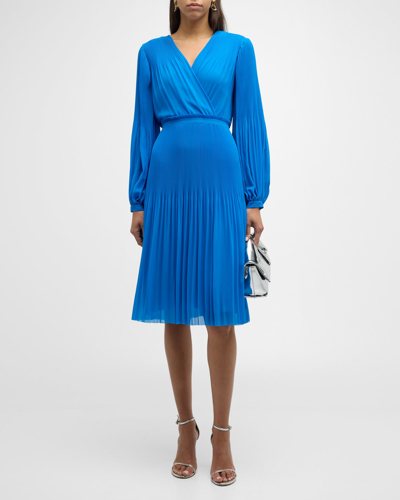 Shop Elie Tahari The Aniya Pleated Blouson-sleeve Midi Dress In Blue Ivy