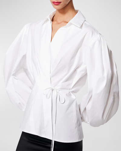 Shop Carolina Herrera Collared Puff-sleeve French-cuff Wrap Top In White