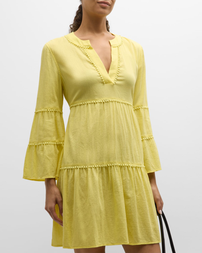 Shop Heidi Klein Clifton Beaches V-neck Flared-sleeve Tunic In Yellow
