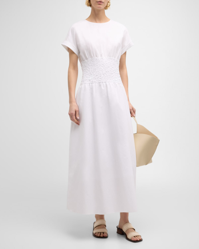 Shop Lafayette 148 Smocked A-line Cotton-silk Maxi Dress In White