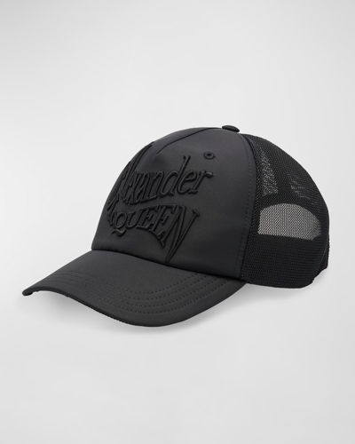 Shop Alexander Mcqueen Men's Warped Logo Trucker Hat In Black