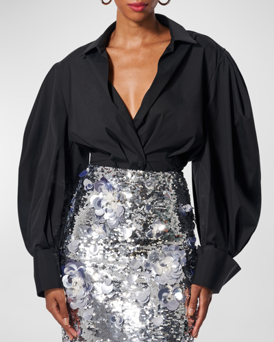 Shop Carolina Herrera Collared Puff-sleeve French-cuff Wrap Top In Black