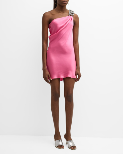 Shop Stella Mccartney Falabella Crystal-chain One-shoulder Satin Mini Dress In Bright Pink