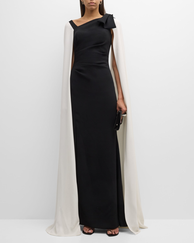 Shop Rickie Freeman For Teri Jon Two-tone Cape-sleeve Crepe Column Gown In Black Whit