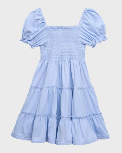 Shop Ralph Lauren Girl's Smocked Puff-sleeve Cotton Day Dress In Blue Hyacinth