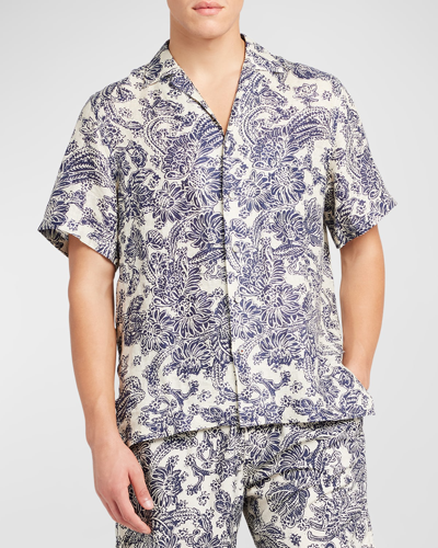 Shop Loro Piana Men's Tindaro Linen Printed Camp Shirt In Deep Pacific