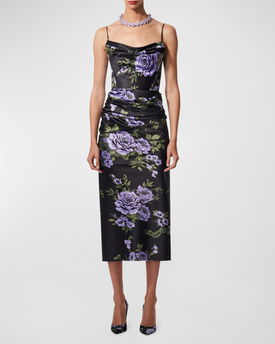 Shop Carolina Herrera Floral Print Draped Midi Dress In Black Multi