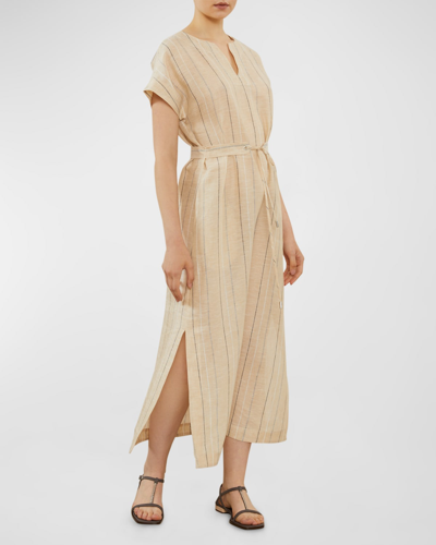 Shop Peserico Striped Dolman-sleeve Linen Midi Dress In Raffia