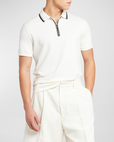 Shop Loro Piana Men's Comfort Pique Quarter-zip Polo Shirt In White
