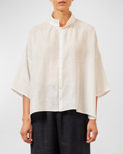 Shop Eskandar Sloped-shoulder Wide A-line Pleated Collar Short-sleeve Shirt (mid Length) In White